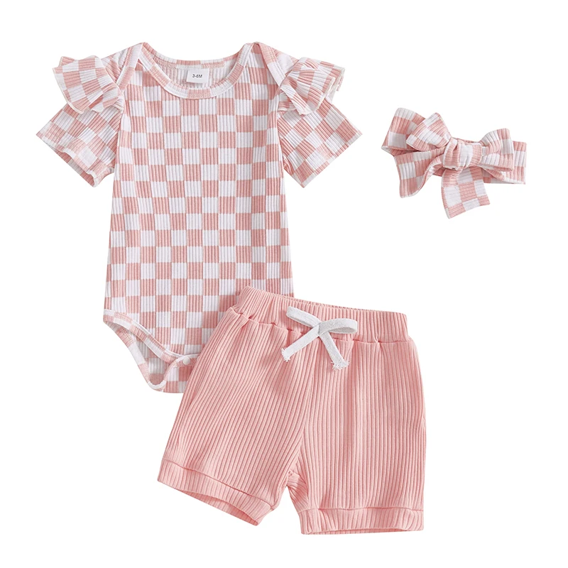 

EWODOS Baby Girls Summer Outfit Short Sleeve Checkered Print Romper + Shorts + Headband Set Infant Clothes