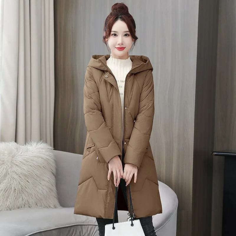 

2023 New Women Down Cotton Coat Winter Jacket Mid Length Version Parkas Slim Fit Thick Outwear Hooded Leisure Time Overcoat