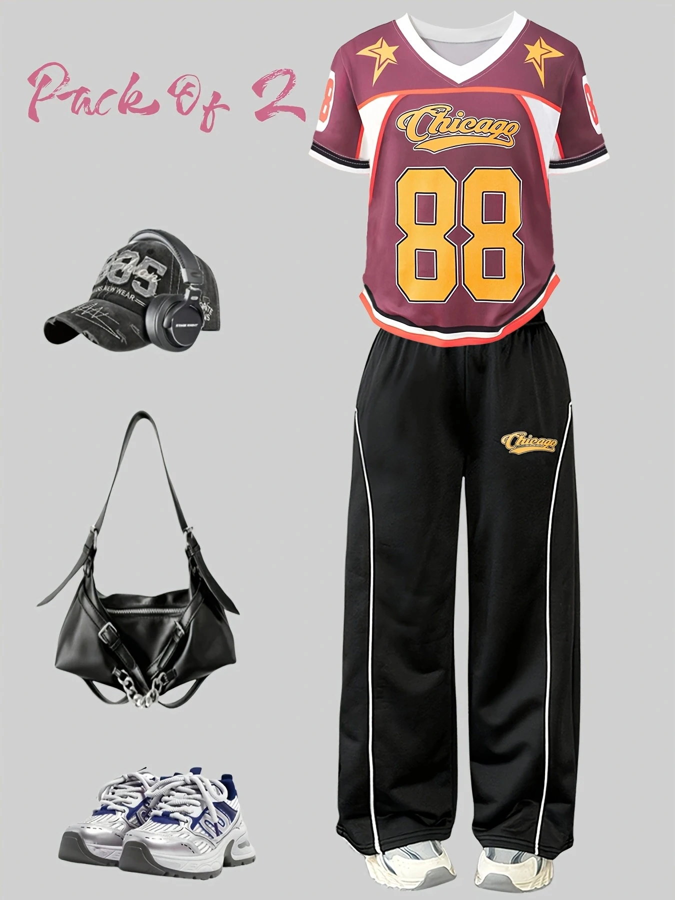 Kids Girls 2-Piece Sport Tracksuit, Burgundy Chicago 88 Number Star Print V Neck Short Sleeve Jersey Top & White Side Stripe Loo