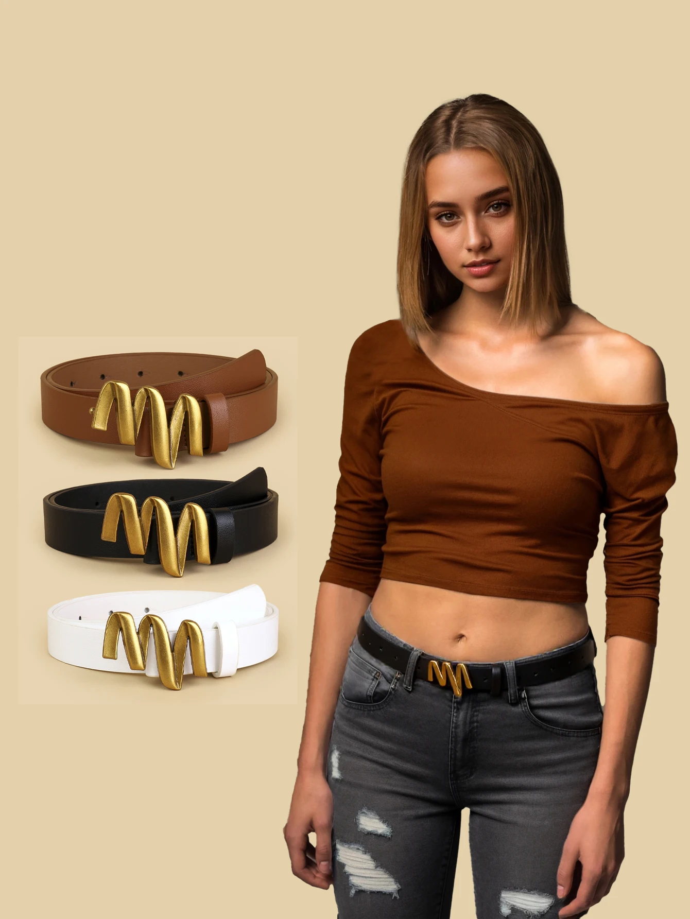 

Ремень женский с буквой M и пряжкой, простой декоративный ретро-джинсовый ремень, модный ремень из искусственной кожи