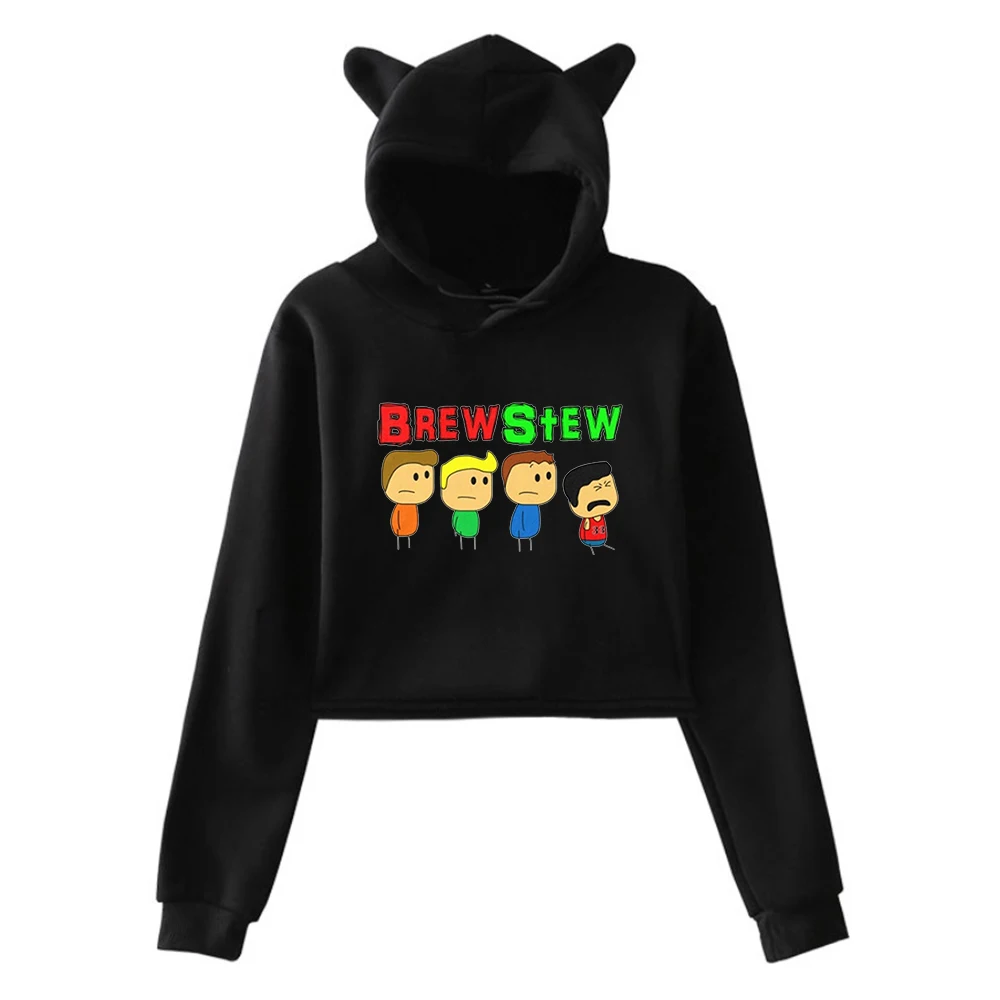 Brewstew Merch Pullover Cat Ears Hoodie Long Sleeve Navel Sweatshirt Female Crop Top Funny Youtuber Women's Clothes