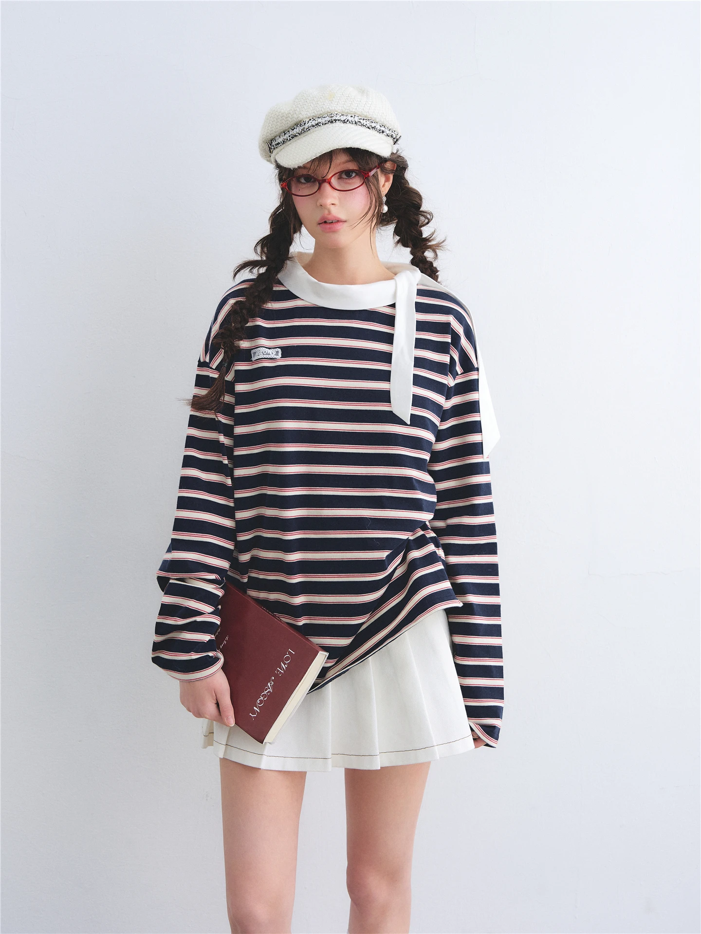 AsGony College Style Color Block Stripe Long Sleeve T-Shirt Women's Retro American Match All over Love Bandanna Necktie Top