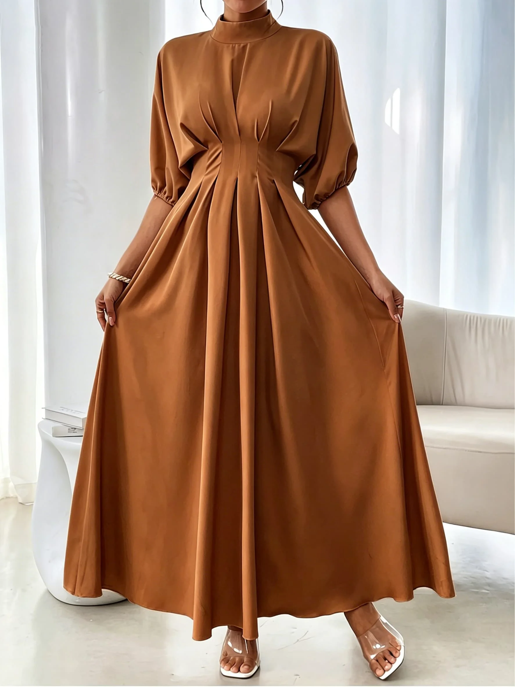 Women's caramel-colored stand-collar long dress with batwing lantern sleeves, pleated waist, A-line skirt, and elegant conservative robe