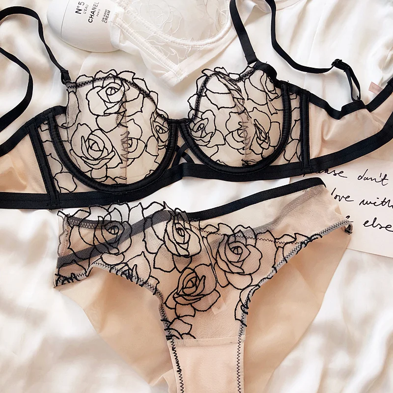 Ultra-thin soft steel ring bra set sexy large size lingerie gathered rose embroidery anti-sagging underwear bralette suit