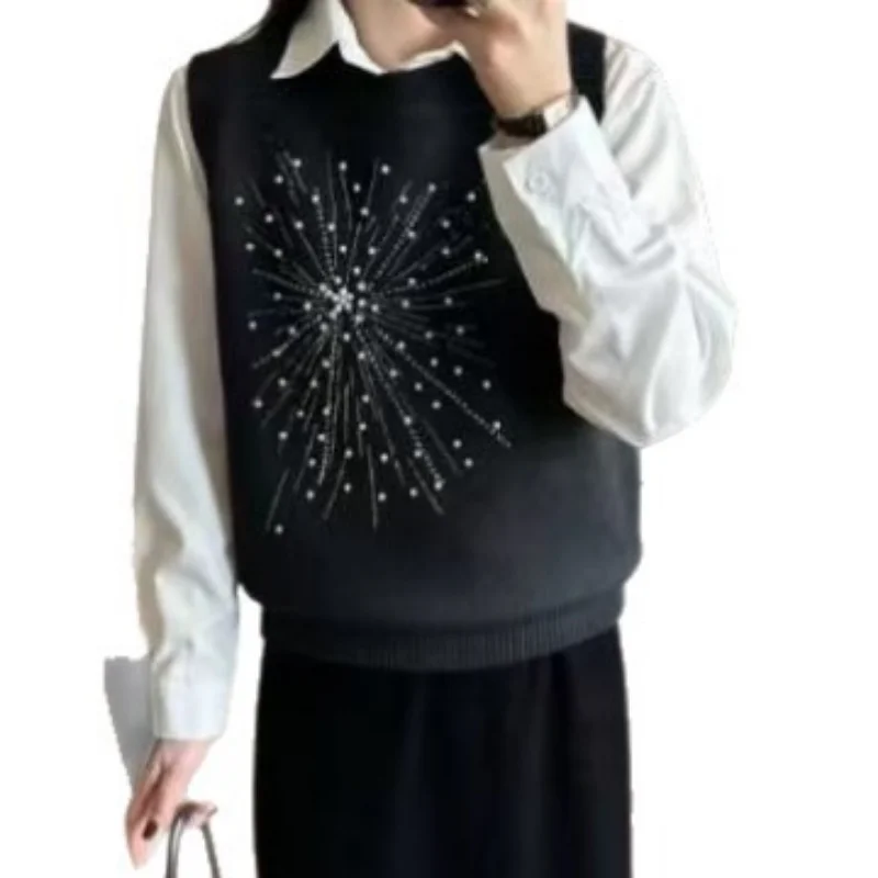 New Spring Autumn Round Neck Sleeveless Knit Vest - Solid Color Beaded Design Versatile Loose Fit Base Layer