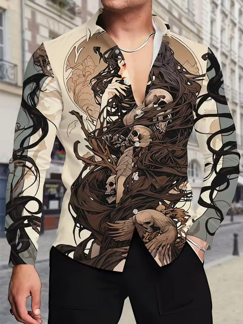 

Fashionable new men's long sleeved shirt with 3D skull print, summer outdoor casual Harajuku comfortable top