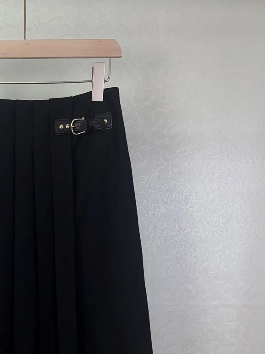 Autumn Winter Women Leather Buckle Midi Skirt Irregular Pleated Stitching High Waist Fashion Ladies Black Long Jupe