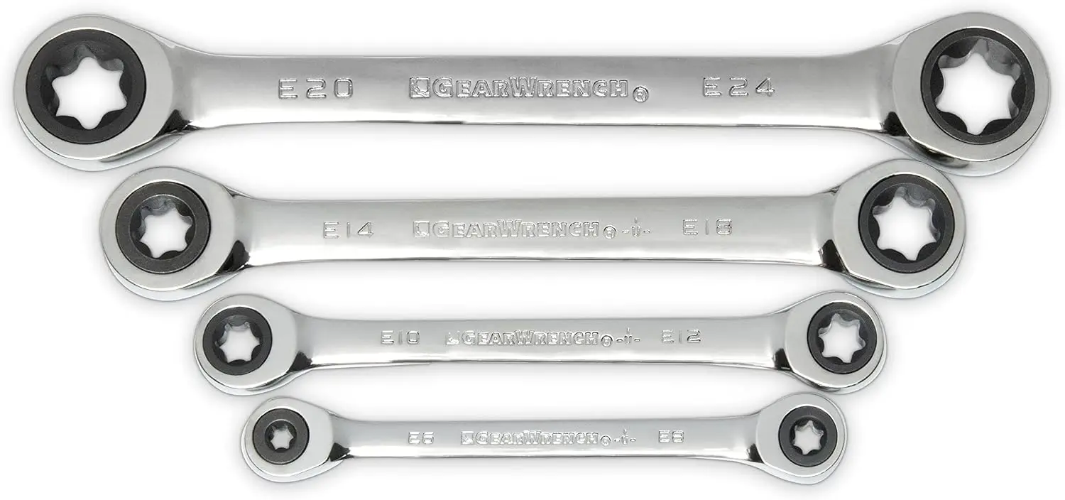 

4-Piece Double Box Ratcheting E-Torx Wrench Set - 72-Tooth, 5° Swing Arc, Off-Corner Loading