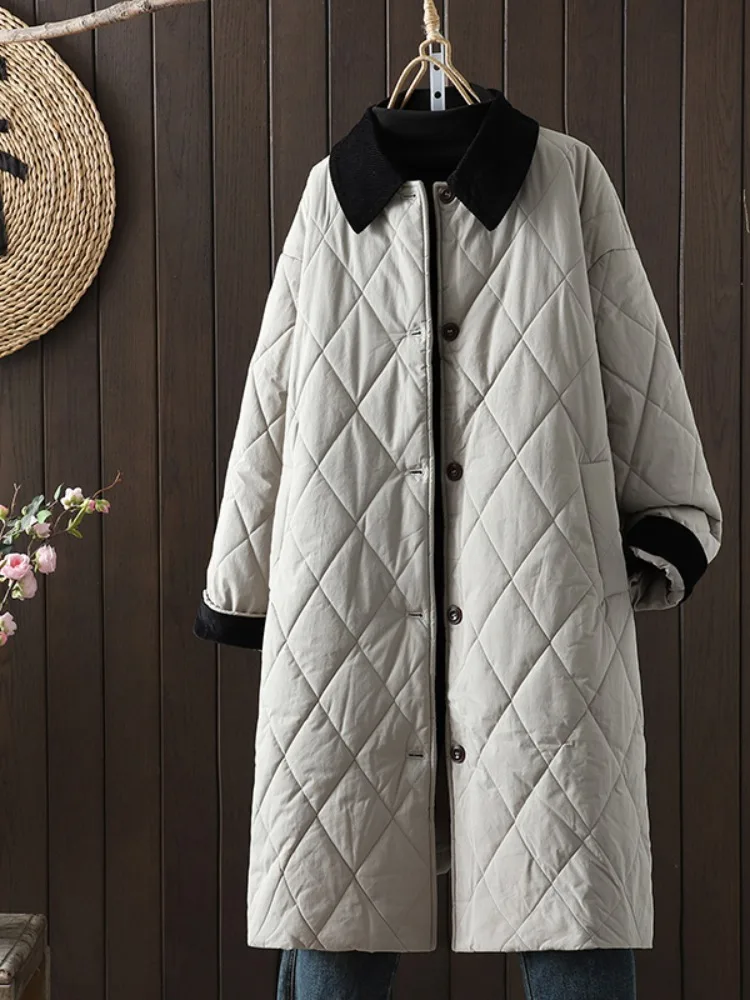 Women's Long down Cotton Jacket Coat Winter Korean Style Diamond Stitching Warm Corduroy Collar Color Block Cotton Padded