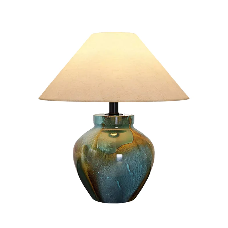 Nordic Retro Ceramic Table Lamp with Fabric Lampshade LED E27 Desk Lamp for Bedroom Living Room Home Indoor Lighting Fixtures