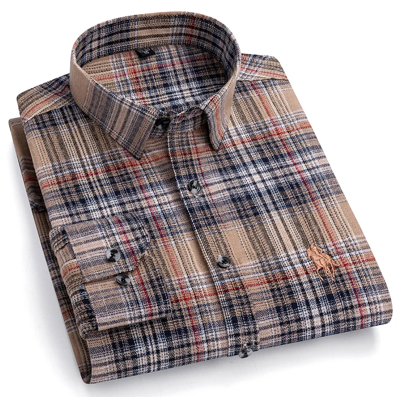 Chemises à manches longues brossées délavées à carreaux pour hommes, faciles d'entretien, confortables et décontractées, 100% coton, à la mode, Slim Fit, chemises boutonnées, vêtements