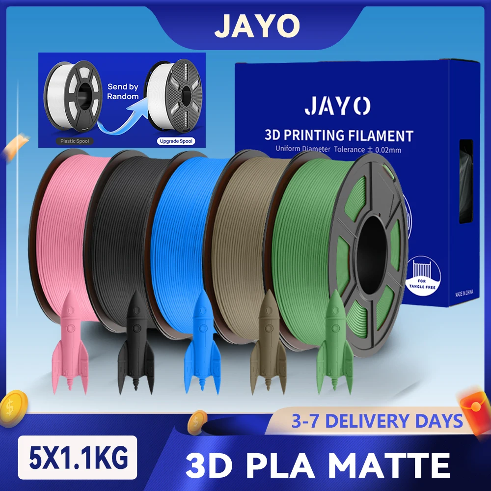 

JAYO 5Rolls 3D PLA Matte 3D Printer Filament 1.75mm+/-0.02mm 100% No Bubble Non-toxic 3D Printing Materials for 3D Printer& Pen