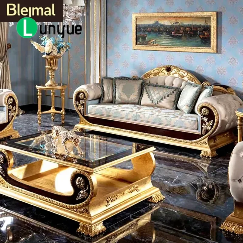 Baroque European Solid Wood Carved Floral Fabric Sofa Luxury French Court Style Living Room Furniture for Large Apartment