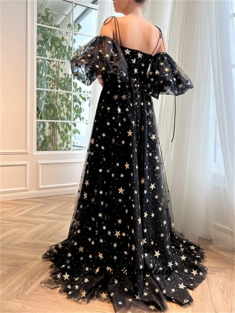

Spaghetti Straps A-line Star pattern Evening Dress fro Women Side Split Short Puff Sleeve Long Prom Gown with Court Customized