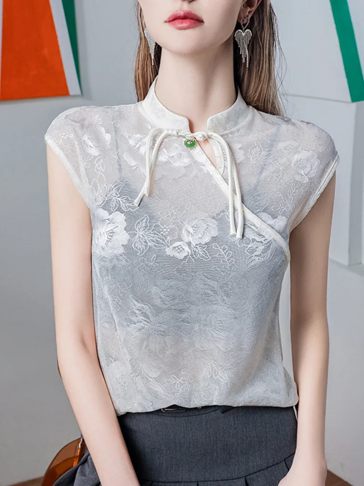 

New Chinese Style Cheongsam Stand Collar Lace For Women With Hollowed Out Loose Fit 2025 Summer New Sleeveless Button Up Women's