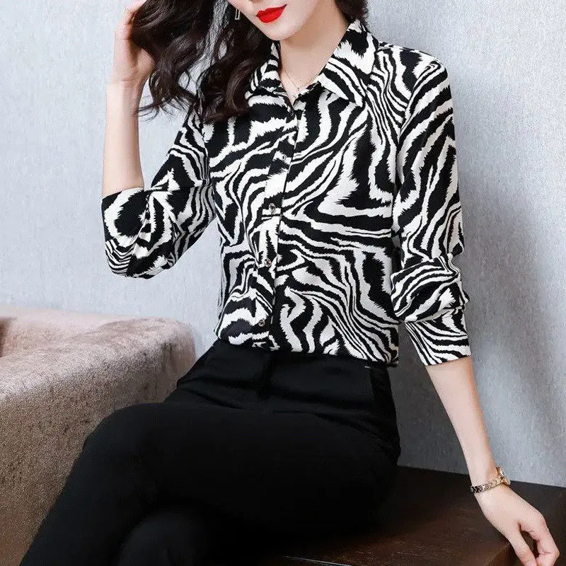 Women Elegant Zebra Print Work Wear Button Chiffon Shirts Spring Autumn Korean Long Sleeve Loose Blouse Top Blusas Mujer De Moda