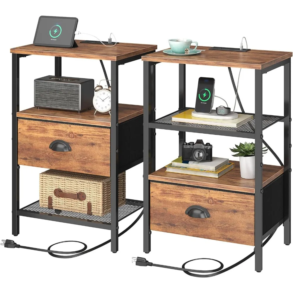 

Set of 2, Night Stands with Charging Station and Fabric Drawer, Bedside Tables with Storage, 2- Tier Side Table with