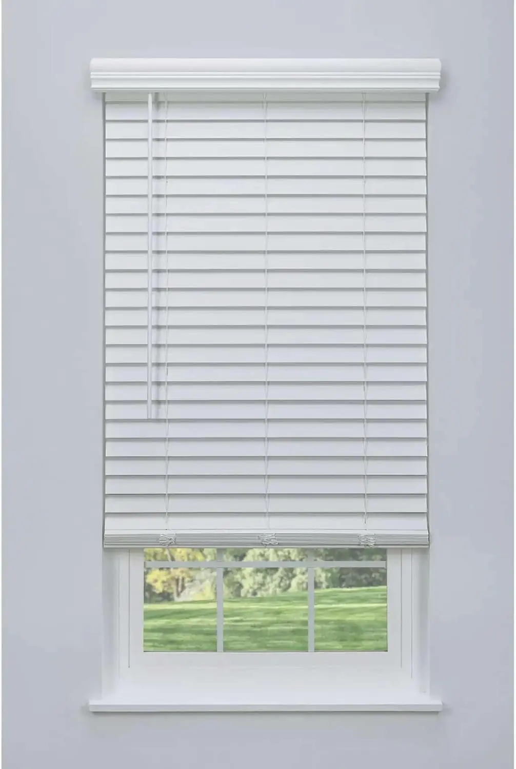 Cordless Faux Wood Blind White 70 W x 64 H, Partial Inside Mount (Arrives ½ Inch Narrower)