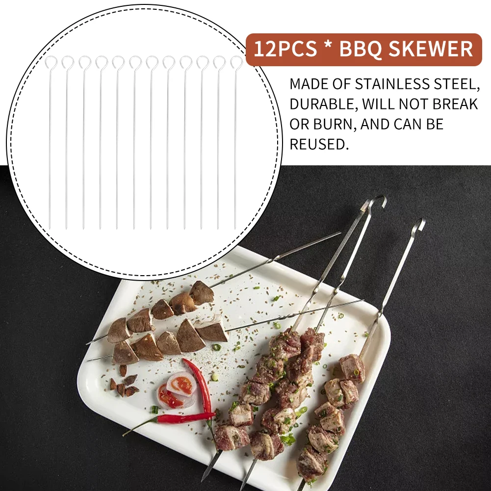 Kabab Stick-brocheta redonda de acero inoxidable para barbacoa, horno de carne largo, cocina al aire libre, Picnic, verduras, fácil de limpiar, reutilizable, 12 piezas