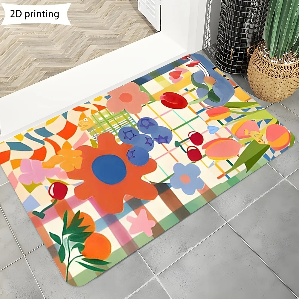 1pc, 2D, Colorful Floral Checkered Flannel Soft Cozy, Machine Washable. Ideal for Living Rooms, Bedrooms, Kitchens, And Bathrooms, Creating Exquisite Home Decor