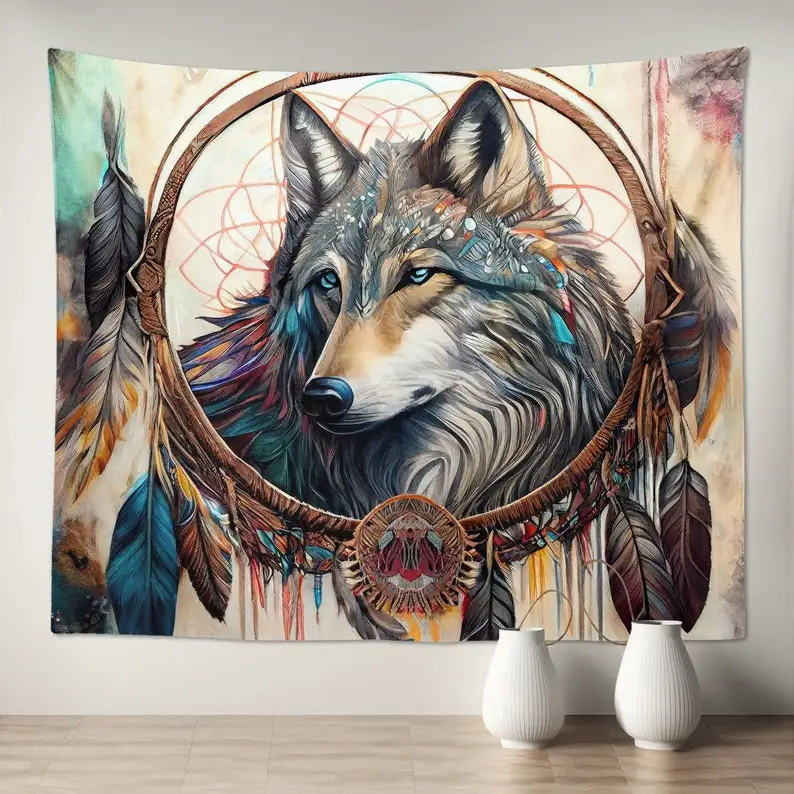 Wolf dreamcatcher tapestry Native American spirit animal art boho bedroom wall decor nature inspired mural