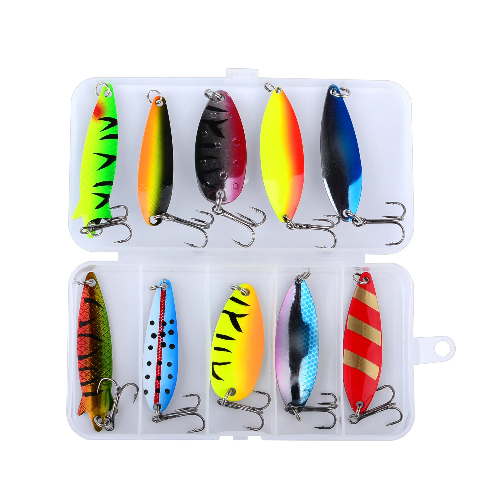 Conjunto de iscas de colher de 10 peças, kit de colheres de pesca de metal múltiplos 4.5-6cm 5.3-10.5g, elenco longo para truta de água doce pique baixo