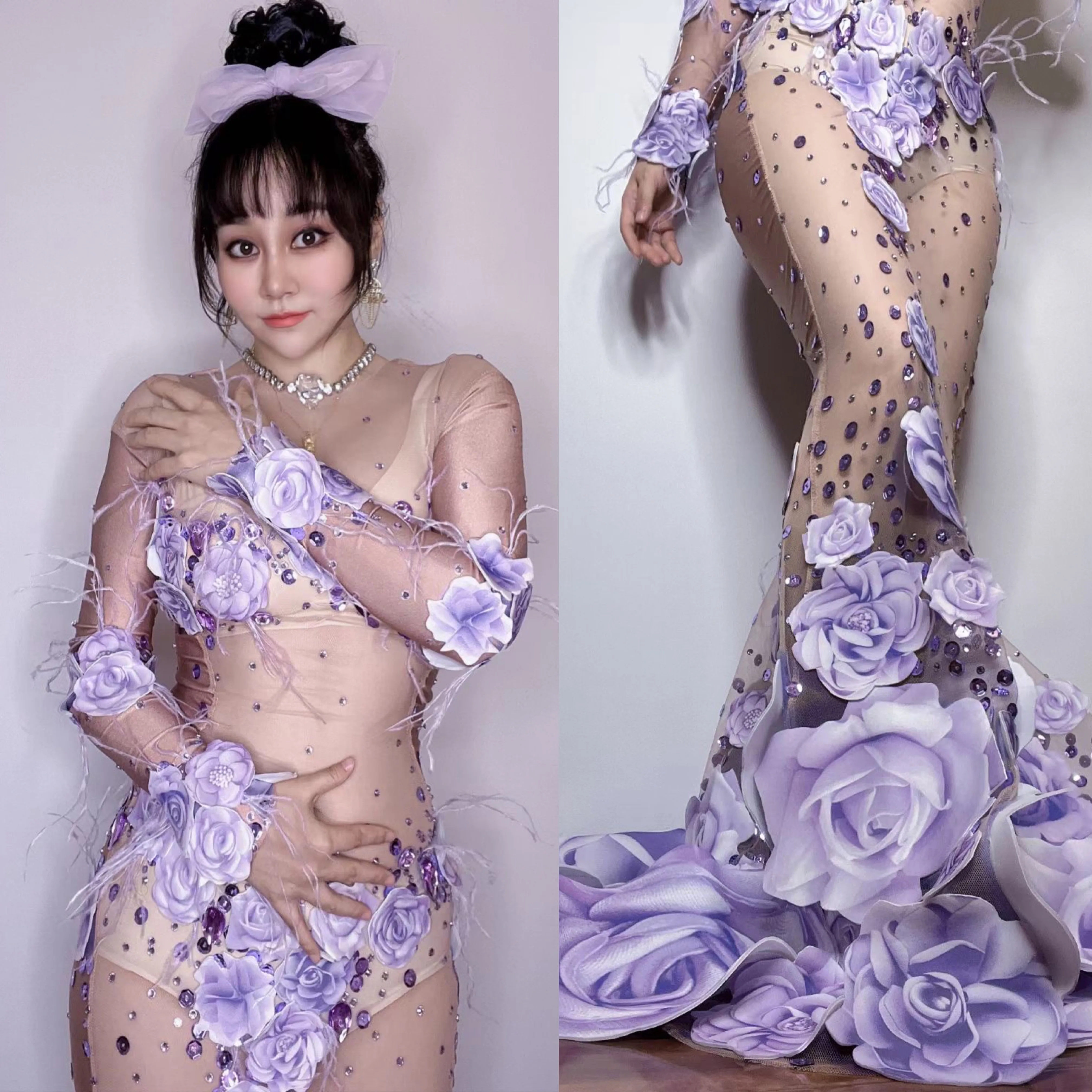 

Blue Purple Nude Shining Crystal Rose Sexy Long Dress For Women Fashion Show Model Costumes Drag Queen Carnival Outfits