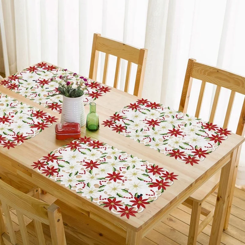 Placemats Set Of 6 Embroidered Christmas Poinsettia & Holly Design, 11X17 Inch Christmas Table Decor Red & White