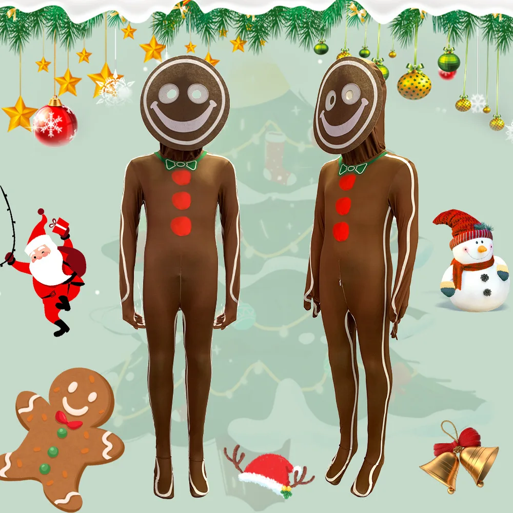 Hot Selling Set Christmas Tight Jumpsuit Cosplay Costume Halloween Cos Gingerbread Man