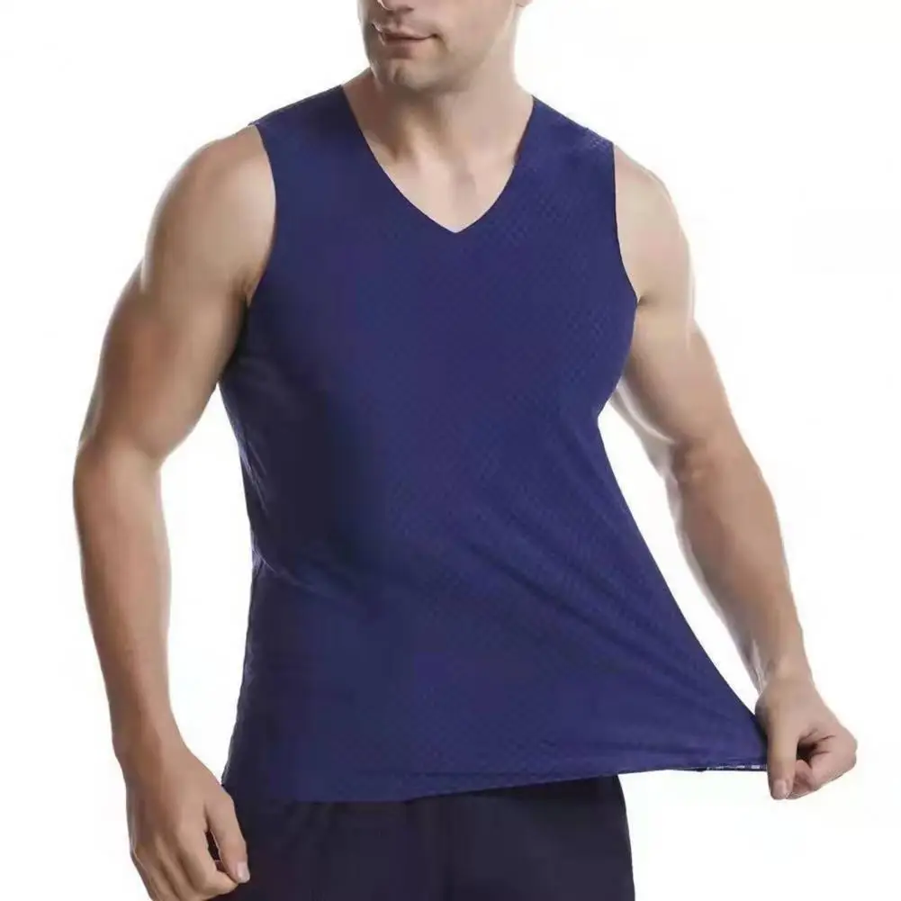 V-neck Sleeveless Men Vest Grid Texture Thin Elastic Solid Color Ice Silk Seamless Fitness Gym Workout Undershirt Sportwear