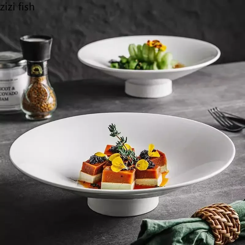 

High Footed Ceramic Plate Circular Serving Plate Salad Plate Thick Soup Plates Dessert Snack Dish Creative Restaurant Tableware
