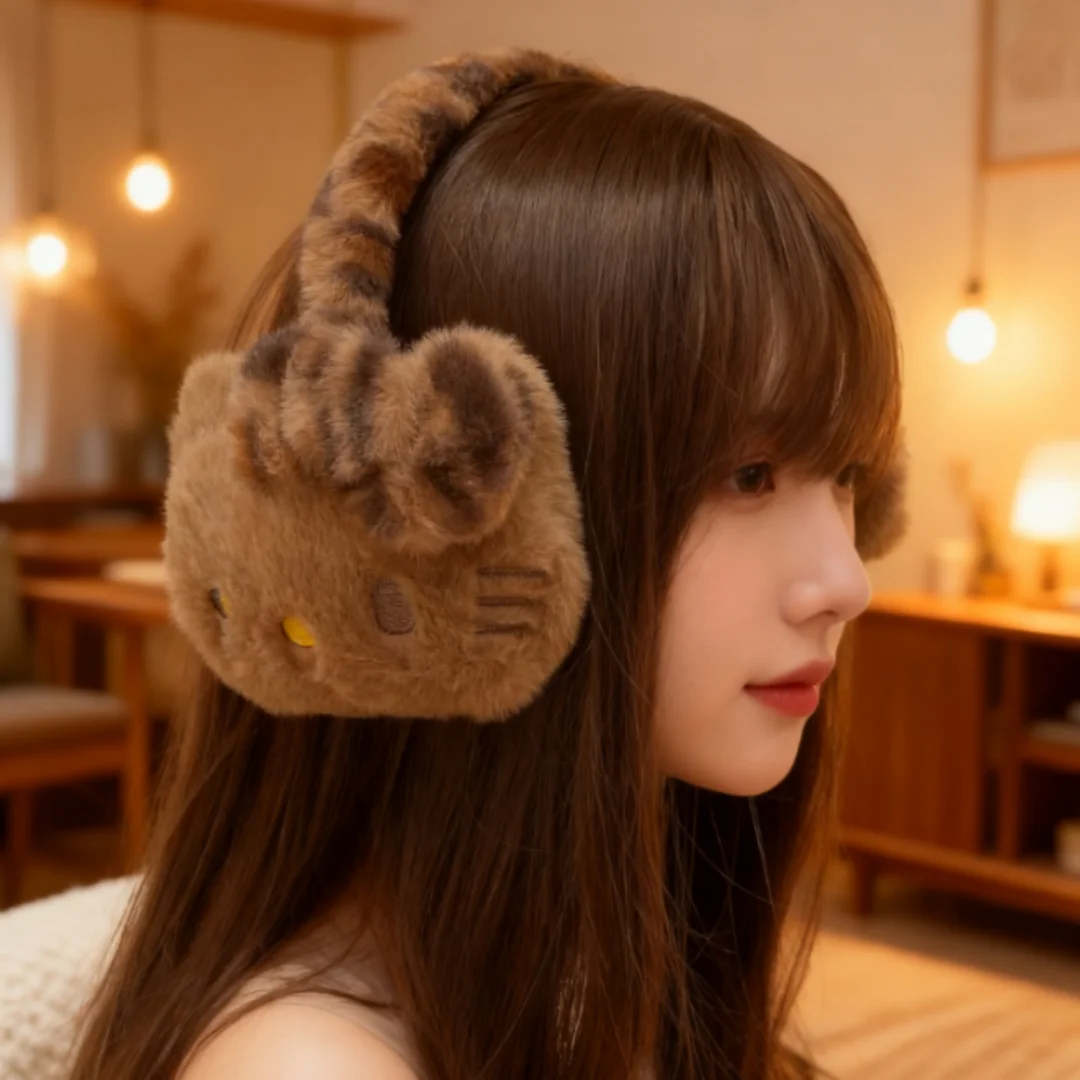 

Y2K Black Leather Hello Kitty Earmuffs for Warmth and Ear Protection Cute KT Cat Riding Antifreeze Ear Earmuffs Children's Gift