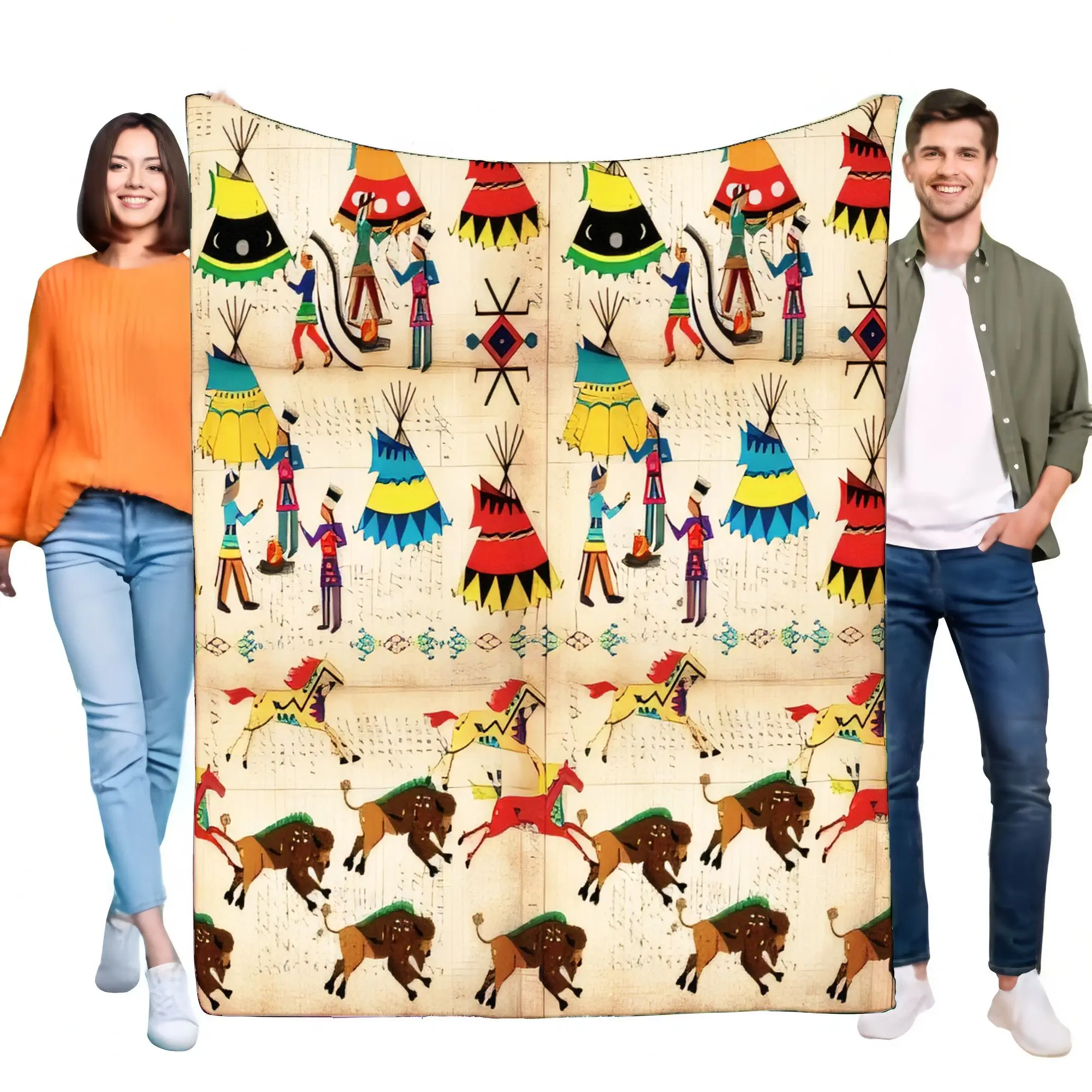 Native American Tribal Blanket Soft Flannel Throw Horses Bison Tipis Art Print Bed Sofa Couch Cozy Warm Home Decor Gift for Adul