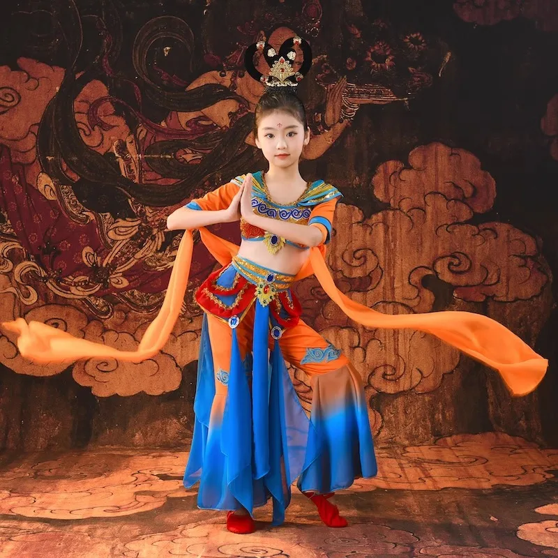 Children Dunhuang Feitian Dance Costumes Girls Elegant Chinese Classical Dance Rebound Pipa Costumes Classic Stage Dance Wear