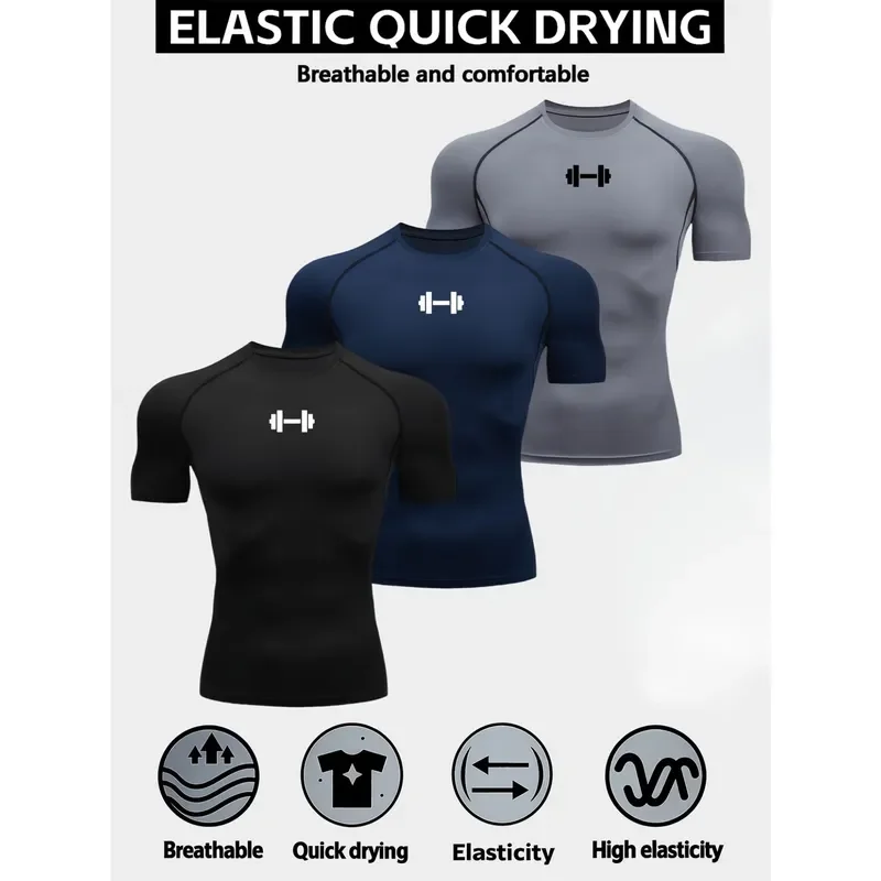 3 PCS Men's Fitness Clothing Dumbbell Pattern Abstract Tights High Elastic Stretchable Jogging Sports Clothing