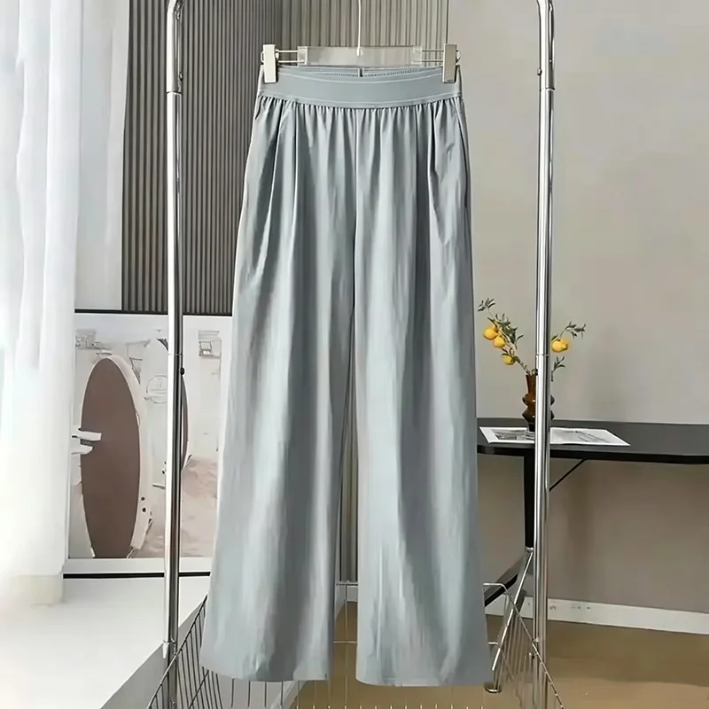 Women High Waist Wide Leg Trousers Contrast Double Stitch Waistband Side Pockets Relaxed Straight Wrinkle Resistant Office Pants