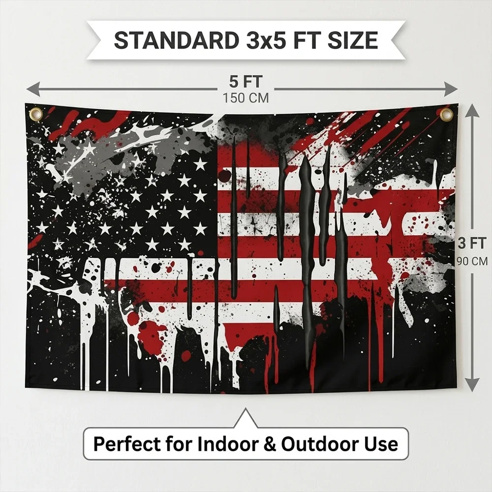 USA American Flag 3x5 FT Grunge Drip Paint Splatter Patriotic Black Red White Banner Wall Decor Indoor Outdoor Hanging Polyester