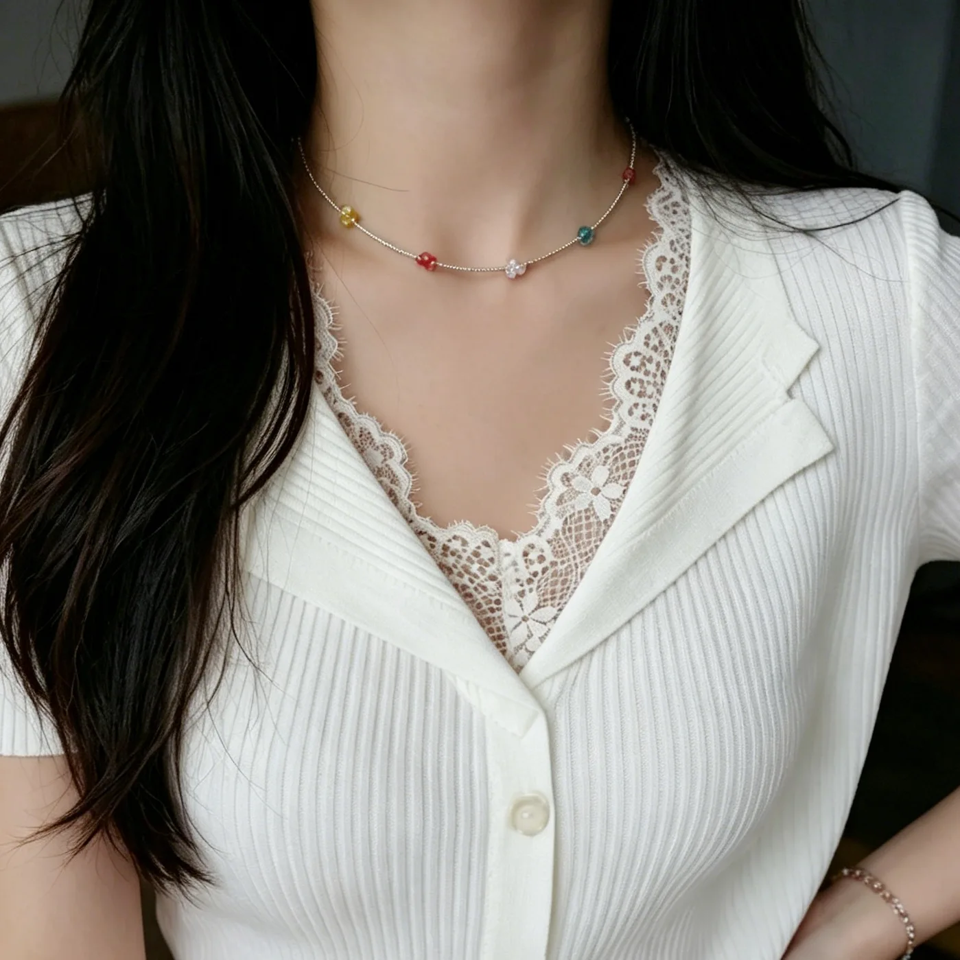 Premium Multicolor Beaded Silver Teardrop Pendant Choker Irregular Unique Layered Collarbone Necklace for Women