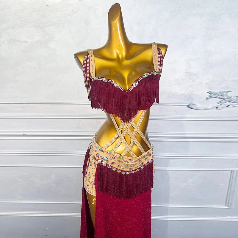 Vestido feminino luxuoso com franjas de strass, vestido adulto para competição de dança do ventre, elegante, traje de performance de dançarina do ventre