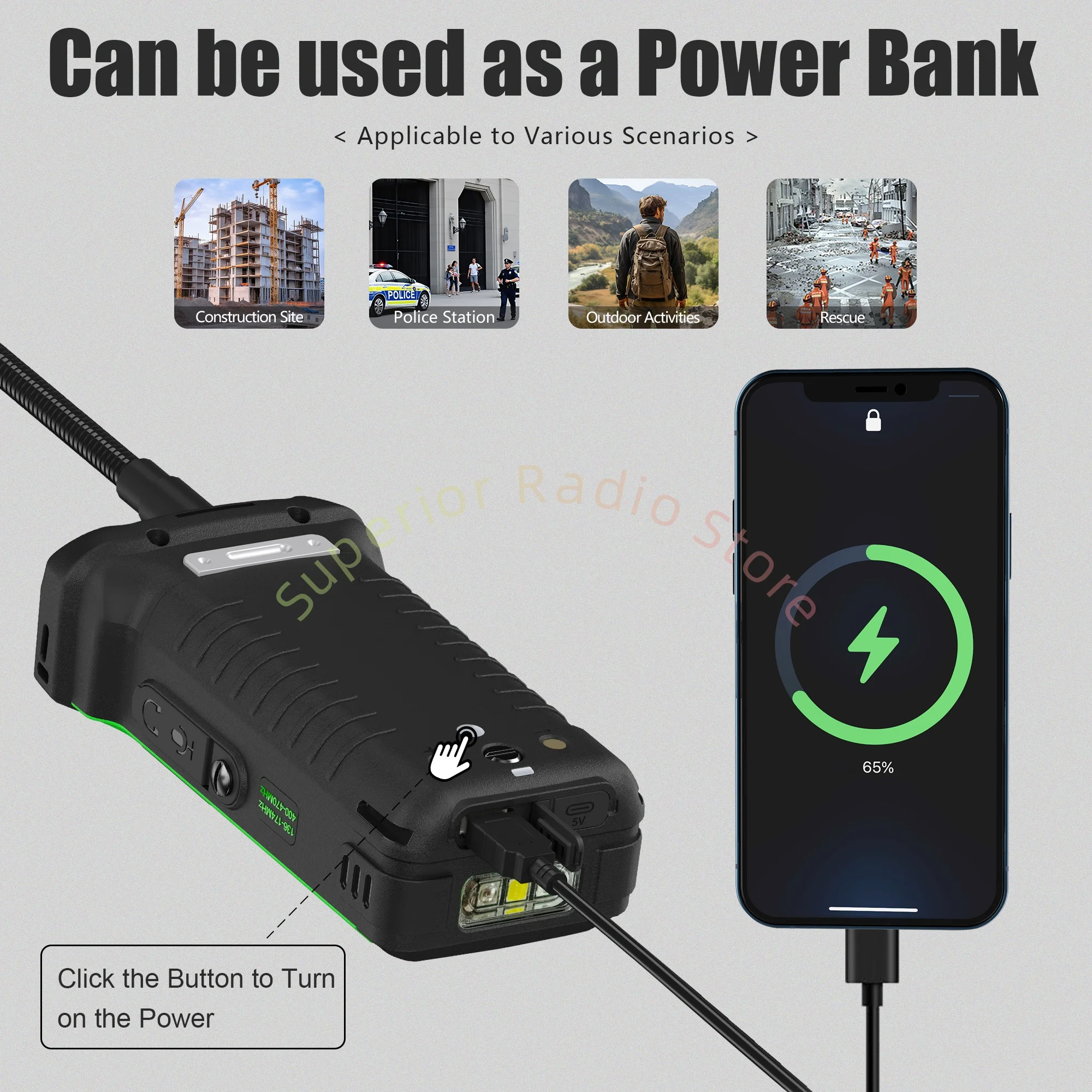 SQ-8500 اسلكية تخاطب خضراء عالية الطاقة 20 واط VHF UHF 5800 مللي أمبير AI الحد من الضوضاء عكس شاحن مصباح يدوي قوي FM كما حظر الطاقة