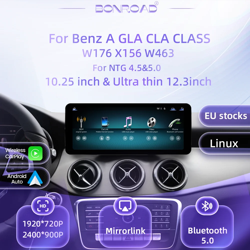 BONROAD 10,25'' 1920*720P 12,3'' 2400*900P Écran tactile multimédia Linux ultra fin sans fil CarPlay pour Mercedes Benz Classe A G GLA CLA W176 X156 W463 NTG 4.5 5.0 Autoradio GPS Navigateur Stéréo Mirrorlink Airplay