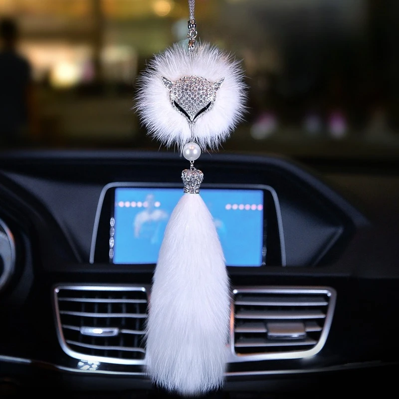 Car Pendant Fox Fur Crystal Set with Diamonds High End Ladies Interior Mirror Pendant Interior Accessories Birthday Gift Friends