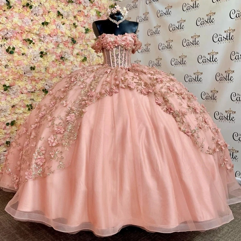 

Pink Shiny Quinceanera Dress for Girls Sweep Train Off Shoulder Gold Applique Lace Flower Beads Formal Dress vestidos 15 de