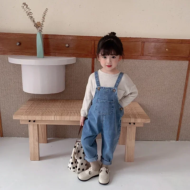 New Autumn Children Denim Jumpsuit Toddler Kid Boy Girl Pocket Loose Suspender Long Pant Jeans Fashion Overalls Clothes 1-7Years