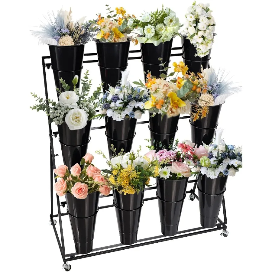 3 Tier Flower Display Stand with 12 Buckets for Patio Lawn Garden Movable Plant Display Stand with Wheels Heavy Duty Moving Pla