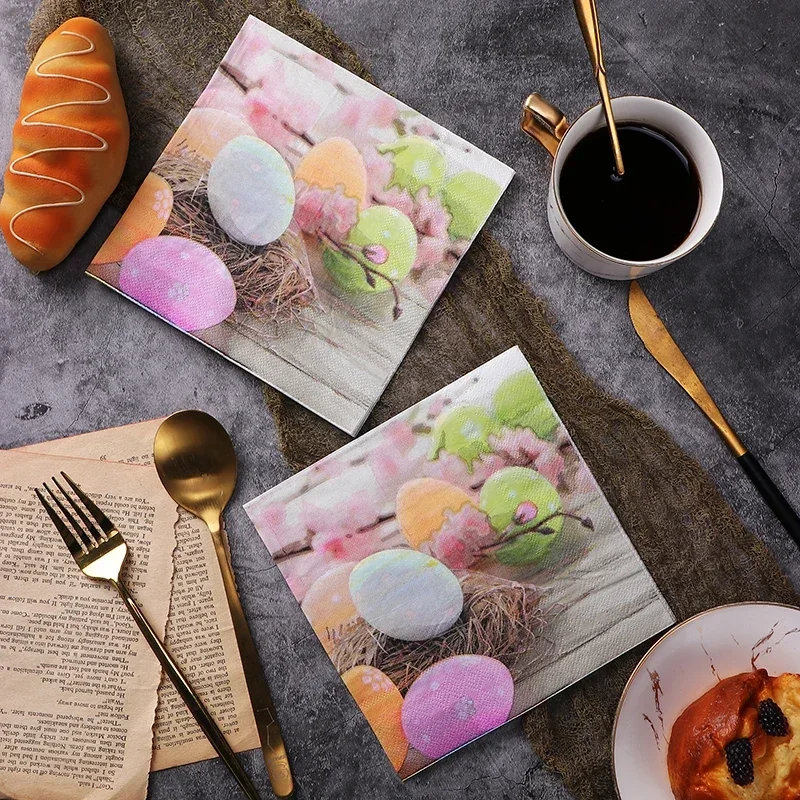 20pcs/pac 2-ply Easter Bunny Printed Colourful Napkins Egg Printed Paper Napkins Party Pure Wood Pulp Paper Placemat Food Grade