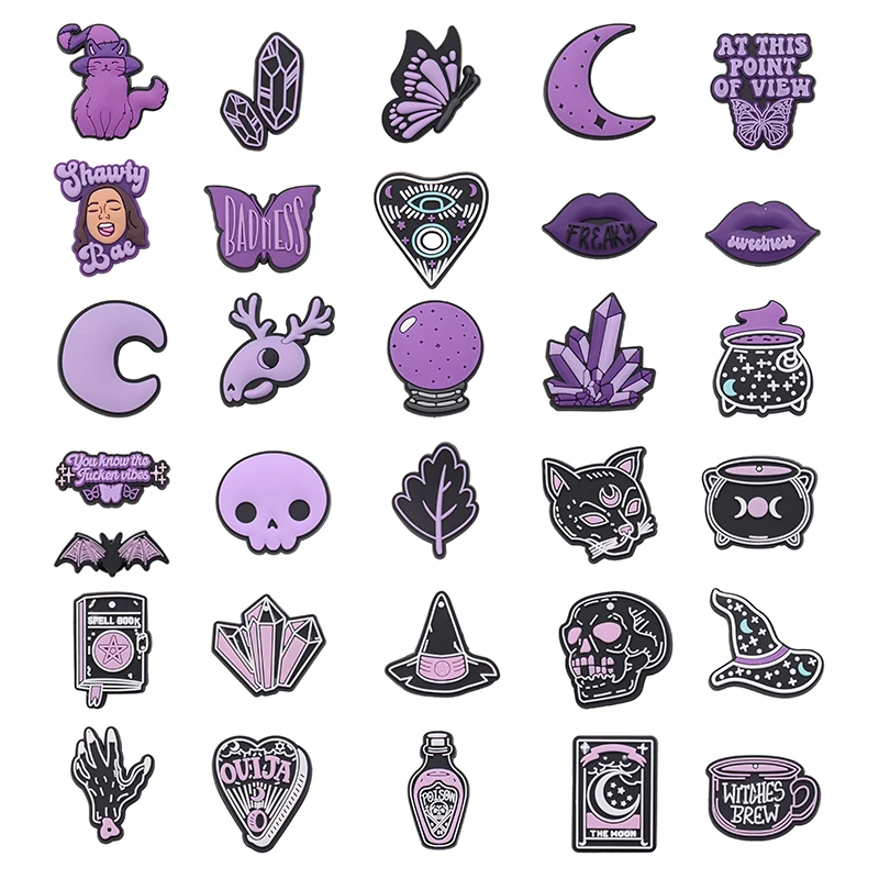 12-30pcs Witch Cartoon PVC Shoe Charms Magic Crystal Skull Bat Cat Hat Book Decorations DIY  Shoe Ornament Wristband Xmas Gifts