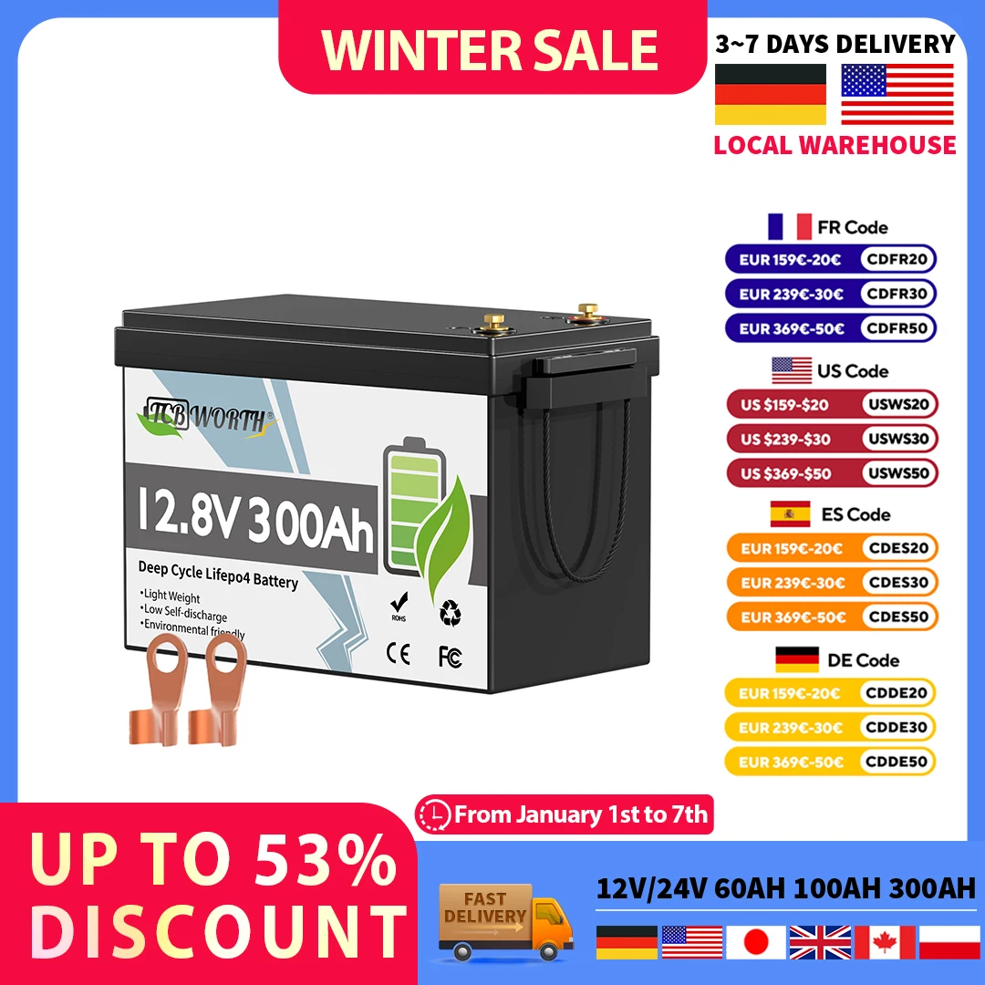 12V 300Ah 100Ah LiFePO4 Lithium Battery with 200A BMS Max 2560W Output,6000+ Cycles,Easy Installation,Ideal for RVs, Solar,