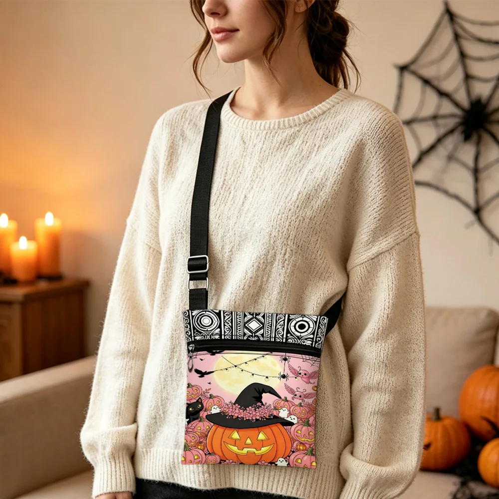 Halloween Witch Pumpkin Crossbody Bag Portable Mini Phone Bag with Zipper Closure Great for Camping Beach Outdoor Trips