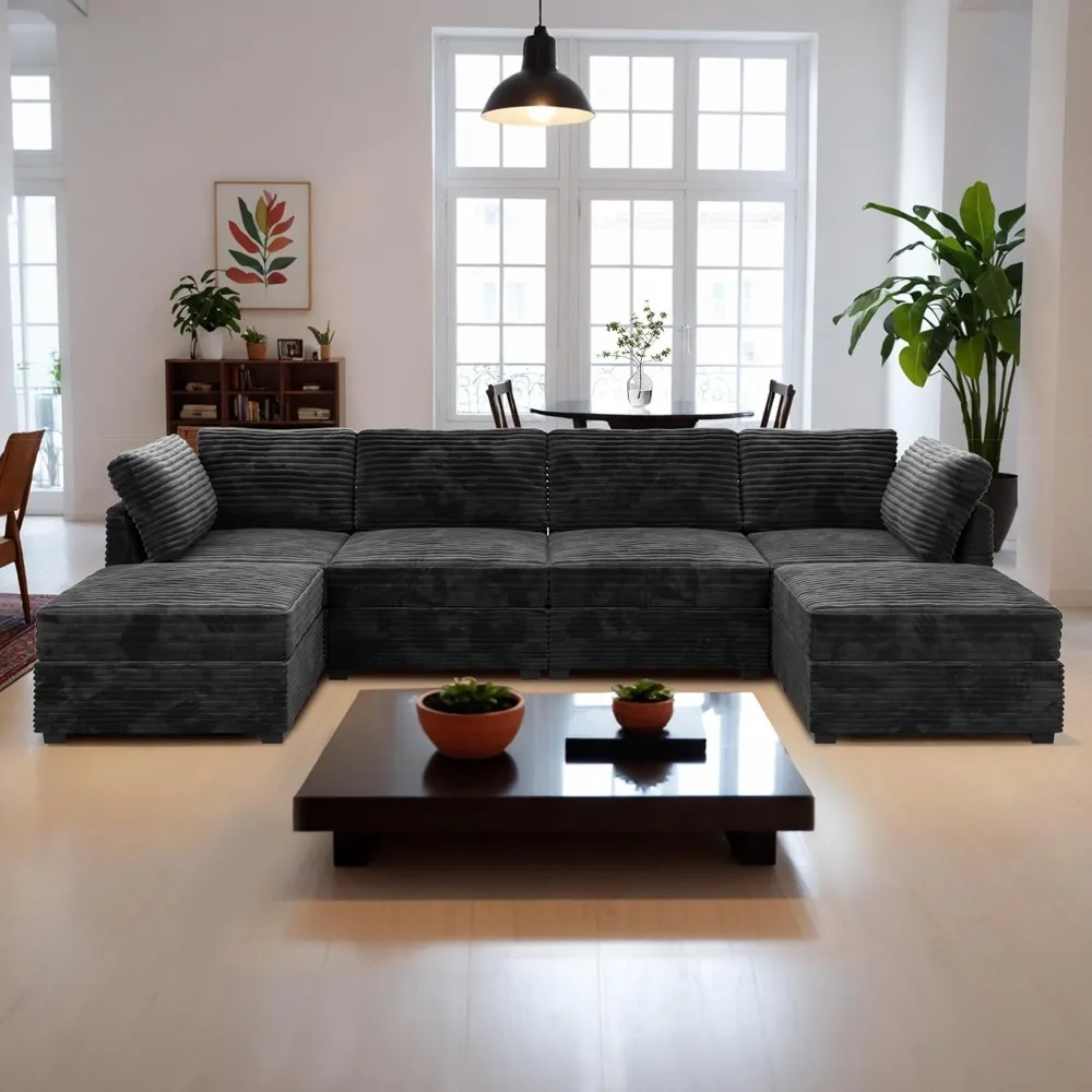 

130.7" Modular Sectional Sofa Couch, U-Shaped Minimalist Couches with 2 Ottomans Chaise, Modern Deep Seat Cloud Plush Corduroy